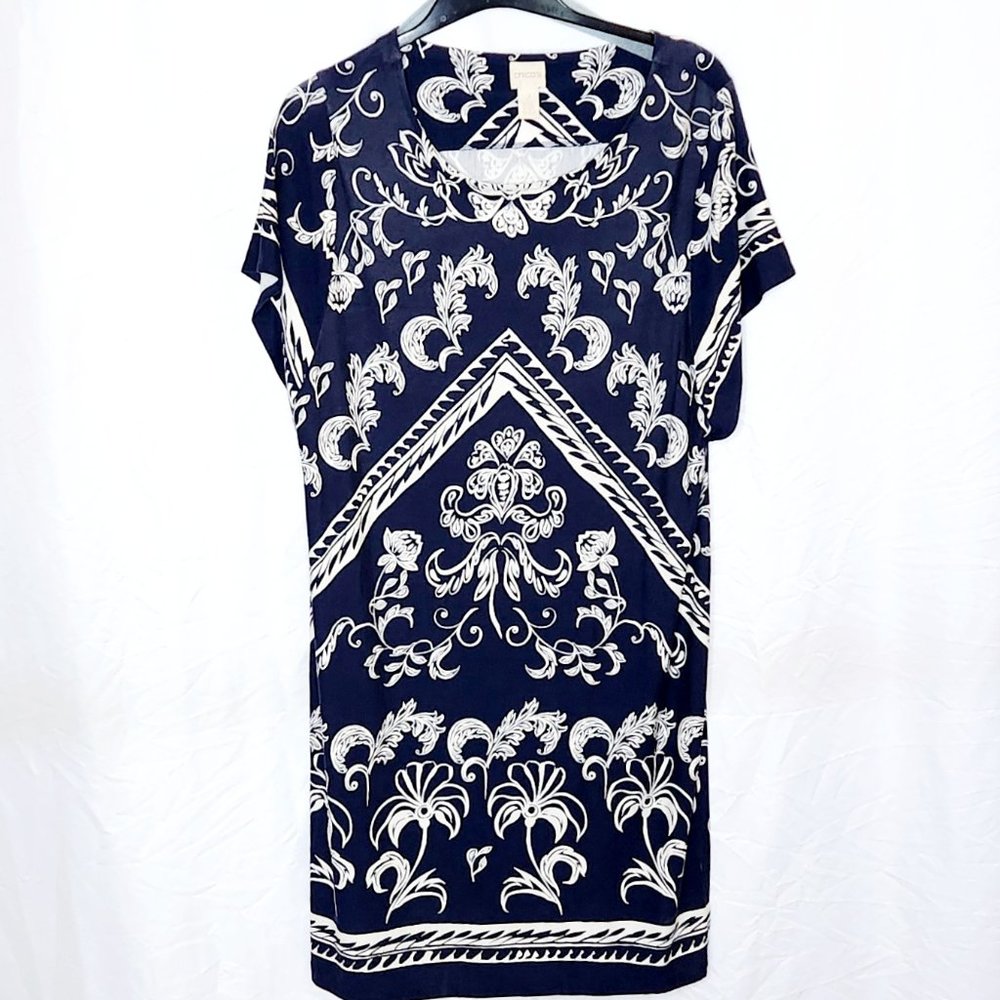 Chico's Geometric Print Navy and White Sheeth Dress